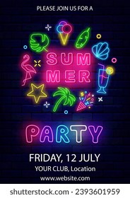 Summer party neon vertical poster. Beach event. Shell, palm and cocktail. Event advertising. Circle layout with season icons. Holiday greeting card. Glowing banner. Editing text. Vector illustration