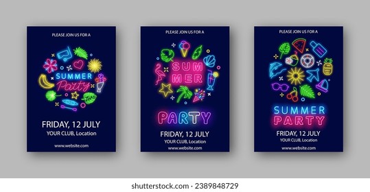 Summer party neon vertical posters collection. Beach event flyers set. Light advertisings template. Circle layout with icons. Season celebration banner. Editing text. Vector stock illustration