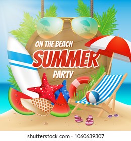 Summer party on the beach poster design with decoration. Vector illustration