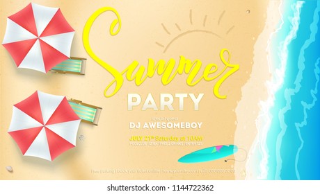 Summer party on seascape seashore with sandy beach. Top view of summer beach with waves of surf, sun umbrella, deck chairs, surfboard. Vector poster, invitation of summer party, 3D illustration