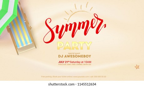 Summer party on seascape seashore with sandy beach. Advertising on sandy beach. Vector poster with sun umbrella, deck chair. Cover, invitation on summer party with design of text.