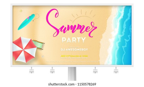 Summer party on seascape seashore with sandy beach. Advertising on Billboard. Vector poster of summer beach with waves of surf, sun umbrella, deck chair, surfboard. Cover, invitation on summer party.