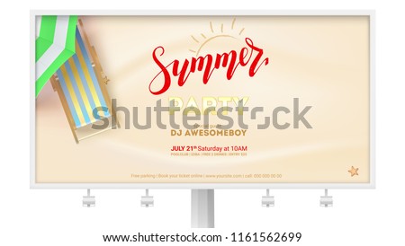 Summer party on seascape seashore with sandy beach. Billboard with design of text and advertising on sandy beach backdrop. Vector poster with sun umbrella and deck chair. Summer party invitation.