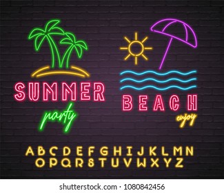 Summer Party Palm Tree Neon Light Glowing Beach, Sea, Sun Element Bright with Alphabet Neon Light