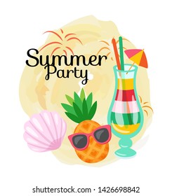 Summer party paper card decorated by pineapple in sunglasses, colorful cocktail in glass, shell in flat style. Summertime postcard with objects of refreshment vector