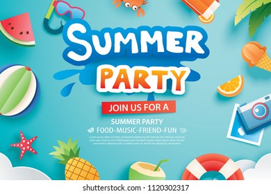 Summer party with paper cut symbol and icon for invitation background. Art and craft style. Use for ads, banner, poster, card, cover, stickers, badges, illustration design.