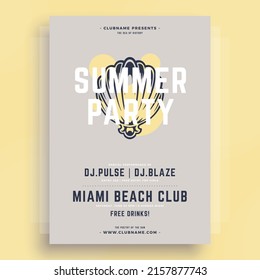 Summer party pastel vintage poster seashell disco event vacation template design vector illustration. Beach discotheque clubbing tropical seaside nightclub announcement promo with place for text