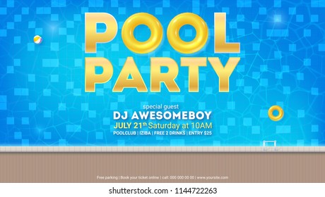 Summer party in pool. Invitation for event with design of text. Top view on swimming pool with floating inflatable ball and swimming rings. Vector template for leaflets, banners, magazines