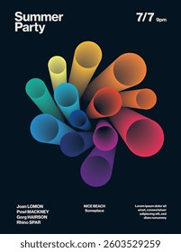 Summer Party Poster with 3D Rainbow Color Tubes. Event flyer, leaflet, banner. Editable, printable eps10 vector. Minimal design illustration