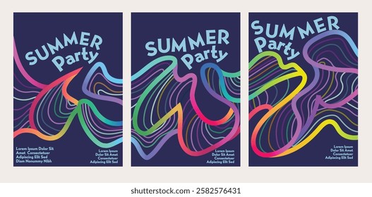  summer party poster. abstract sea waves. Abstract Gradient hand drawn Lines Set. Curved Rainbow Gradient Shapes with blank area for copy space paper size vector illustration