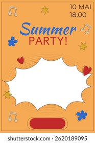 Summer party poster, ad, advertisement, flyer, summer, party, stars, notes, flowers, hearts, text box, speech bubble, summer poster