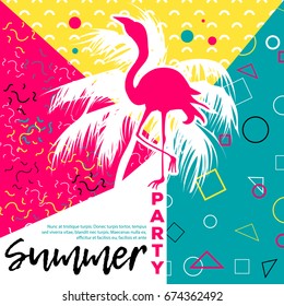 Summer party poster (background), geometry, retro, pop-art design. Palm and flamingo silhouettes. Summertime, summer time poster, Hello summer card