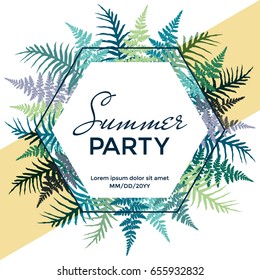 Summer party poster, banner, card or invitation vector template. Fern frond hexagon frame design with place for date and text. Bracken grass green and blue hexagonal border, yellow band illustration. 