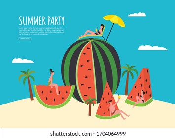Summer party poster or banner with watermelon and tiny people cartoon characters, flat vector illustration. Background for beach or swimming pool cocktail party event.