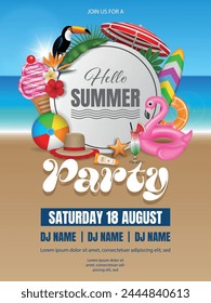 summer party poster with beach elements, inflatables and tropical leaves. hello summer flyer with round label on beach landscape