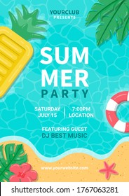 Summer party poster. Summer beach party flyer design with typographic elements on ocean landscape background. 