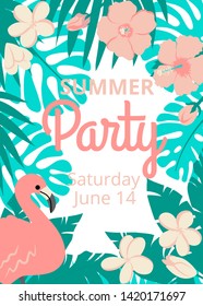 Summer party poster. Summer card with palm leaves and tropical flowers