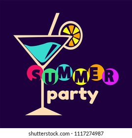 Summer party poster cocktail decorated with lemon slice, straw tropical beverage to enjoy celebration of warm season isolated on vector illustration