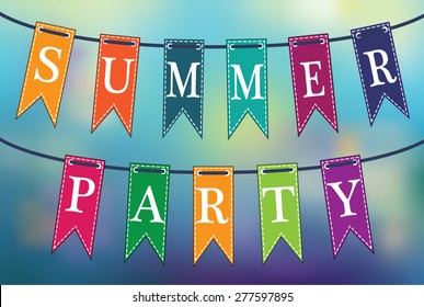 Summer Party Poster. Colorful Flags Up In The Air Against Blurred Background. Vector Illustration.