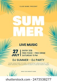 Summer party poster. Colorful music festival flyer with tropical leaf. Summer vacation and travel design. Vector illustration