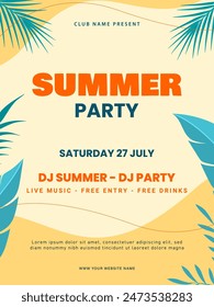 Summer party poster. Colorful music festival flyer with tropical leaf. Summer vacation and travel design. Vector illustration