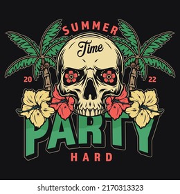 Summer Party Poster Colorful Vintage Mexican Style With Skull And Flowers Under Palm Trees Metaphor Hard Beach Rave Vector Illustration