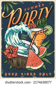 Summer party poster colorful vintage delicious watermelon and cooling cocktails for tropical good vibes on island vector illustration