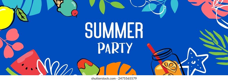 Sommerparty-Plakat-Abdeckung mit Pflanzen und Element-Dekoration Hintergrund.