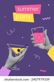 Summer party poster with cut out hands holding cocktail glasses. Template for invitation, flyer, banner, poster. Vector illustration