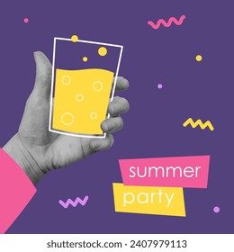 Summer party poster with cut out hand holding cocktail glass. Template for invitation, social media, flyer, banner, poster. Vector illustration