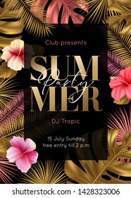 Summer party poster design. Dance invitation with colorful tropical leaves and flowers. Vector illustration