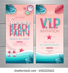 Summer party poster design. Disco party invitation design. Top view of tropic summer beach with ocean background.