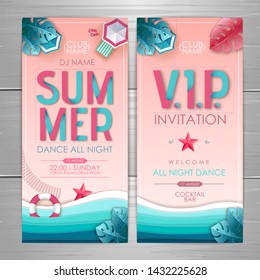 Summer party poster design. Disco party invitation design. Top view of tropic summer beach with ocean background.