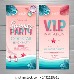 Summer party poster design. Disco party invitation design. Top view of tropic summer beach with ocean background.