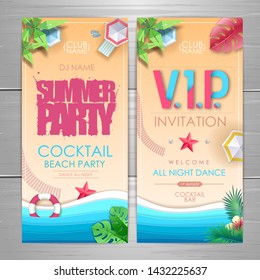 Summer party poster design. Disco party invitation design. Top view of tropic summer beach with ocean background.
