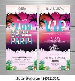 Summer party poster design. Disco party invitation design. Top view of tropic summer beach with ocean background.