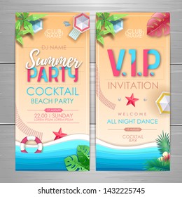 Summer party poster design. Disco party invitation design. Top view of tropic summer beach with ocean background.