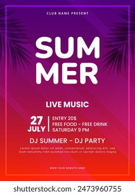 Summer party poster design. Live music festival flyer template with tropical leaves. Vector illustration