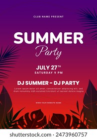 Summer party poster design. Live music festival flyer template with tropical leaves. Vector illustration