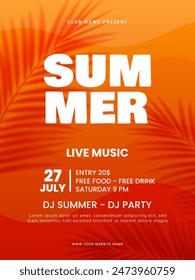 Summer party poster design. Live music festival flyer template with tropical leaves. Vector illustration