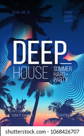 Summer Party poster design. Summer music party flyer artwork template A4.  Creative palm tree background party poster. Events like house music