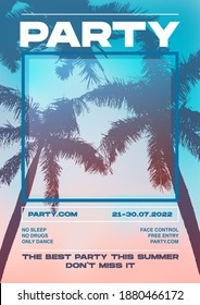 Summer Party poster design. Summer music party flyer artwork template A4. Creative palm tree background online party poster. Events like music