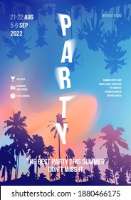 Summer Party poster design. Summer music party flyer artwork template A4. Creative palm tree background online party poster. Events like music