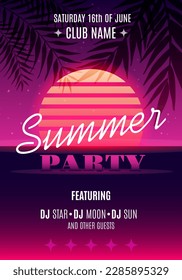 Summer Party poster design. Music party flyer artwork template A4. Creative palm tree background party poster. Events like event virtual music