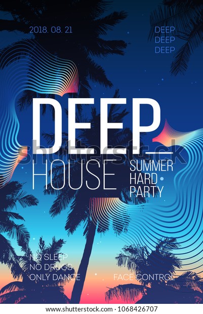 Summer Party poster design. Summer music party\
flyer artwork template A4.  Creative palm tree background party\
poster. Events like house\
music