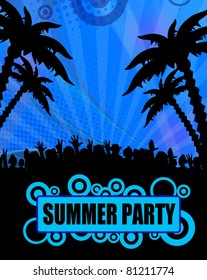 Summer party poster design on blue, vector illustration