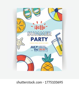 summer party poster design template with ball, rubber swim ring and pineapple vector