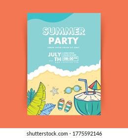 summer party poster design template with coconut, flip flop sunglasses vector