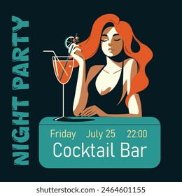 Summer party poster design template. Woman with glass of cocktail . Vector illustration in flat style.