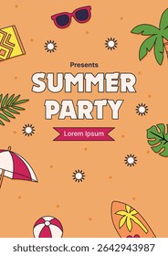 summer party poster design template with beach icons, palm trees, and colorful tropical layout for festival or beach event promotions.